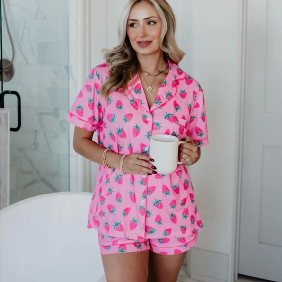 Katydid Pink Strawberry Print Pajama Set - Picture 2 of 3